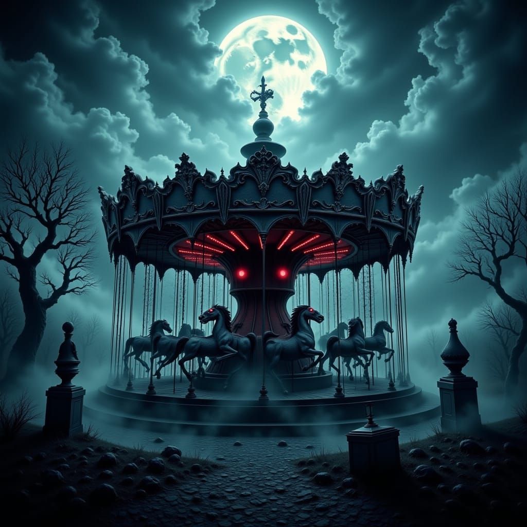 Ghostly Carousel at Haunted Fairground at Midnight