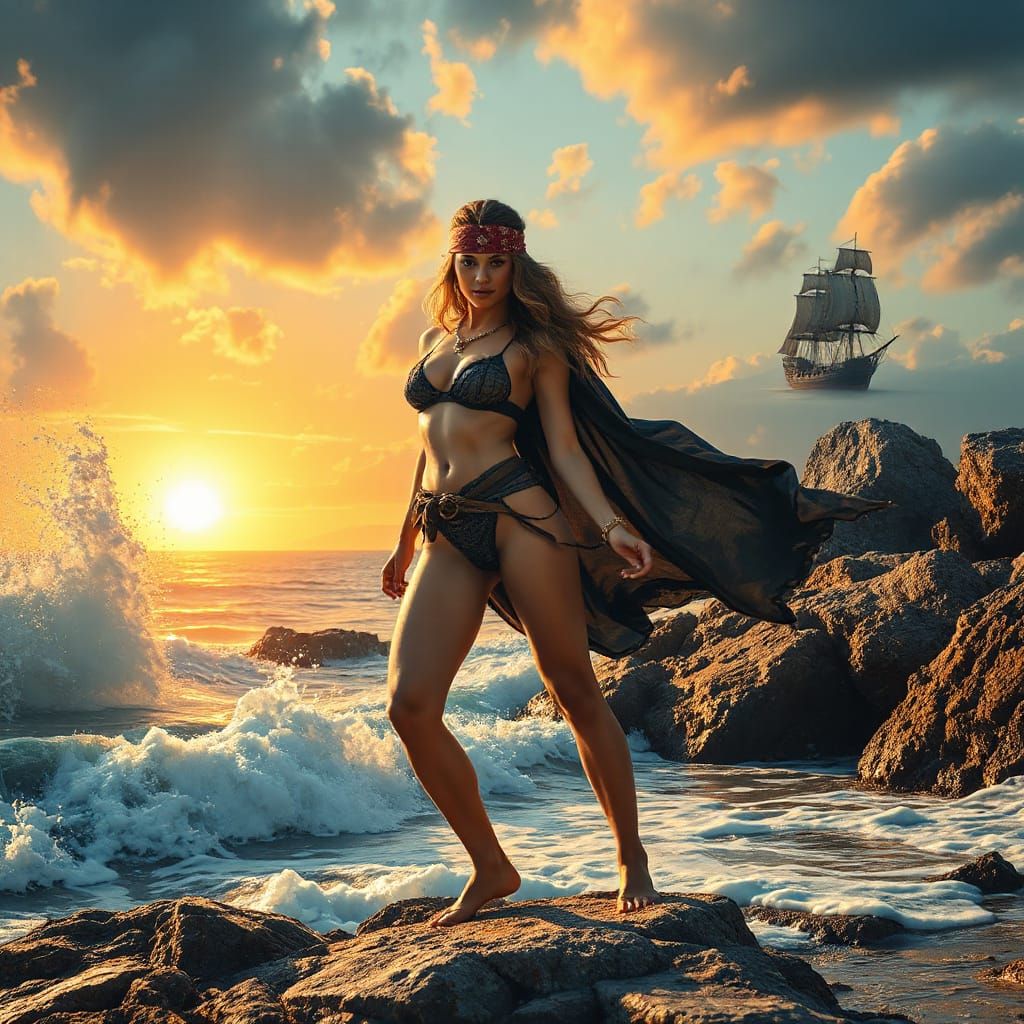 Pirate Woman on Rocky Shore in Hyperrealistic Style