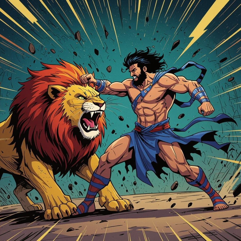 Samson Wrestles Lion in Dynamic Spider-Verse Style