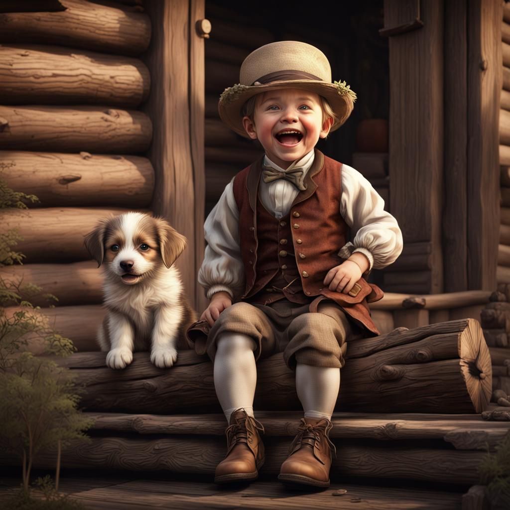 Boy and Puppy on Cabin Porch in Detailed Matte Painting