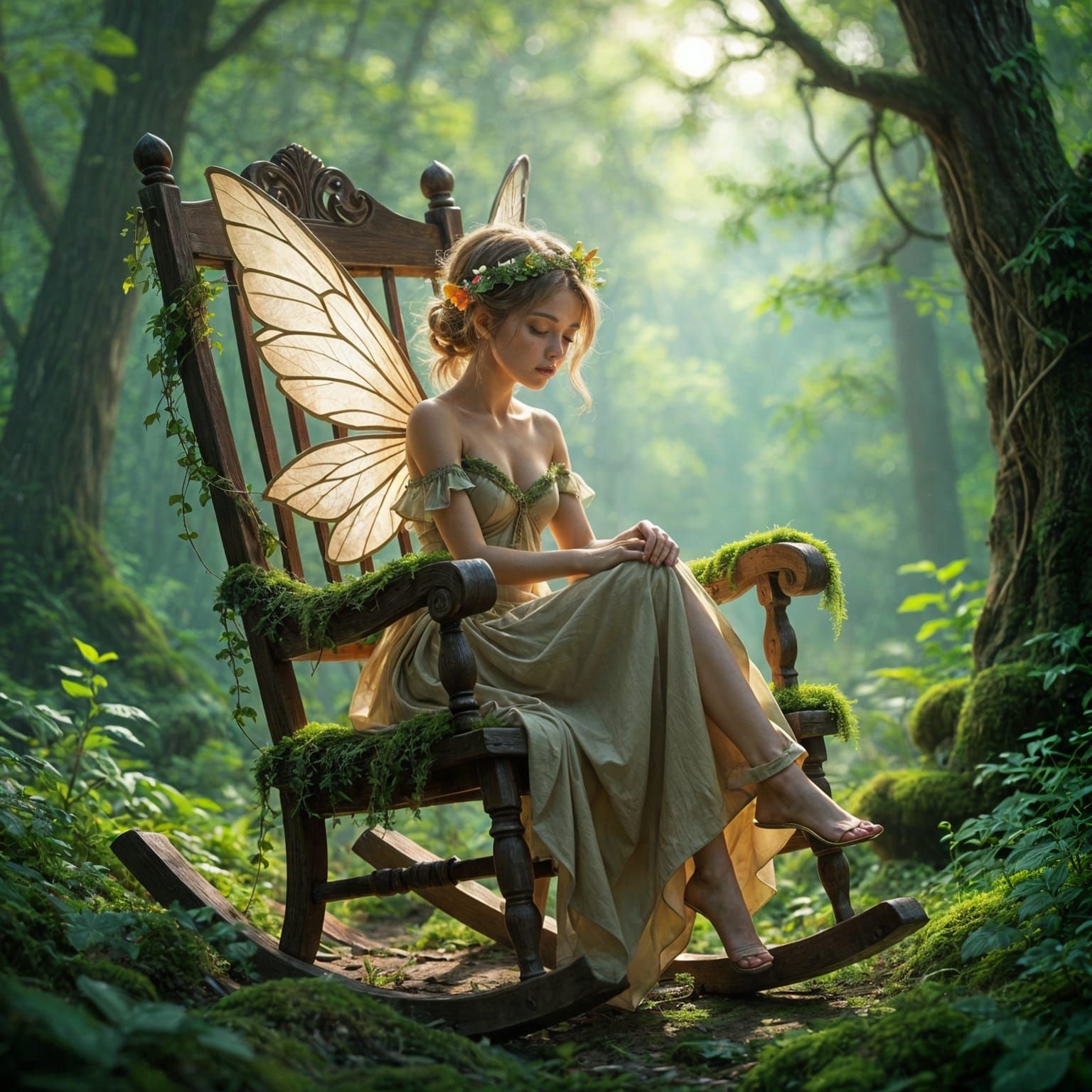 Enchanted Forest: Mossy Rocking Chair with Fairy, Hyperreali...