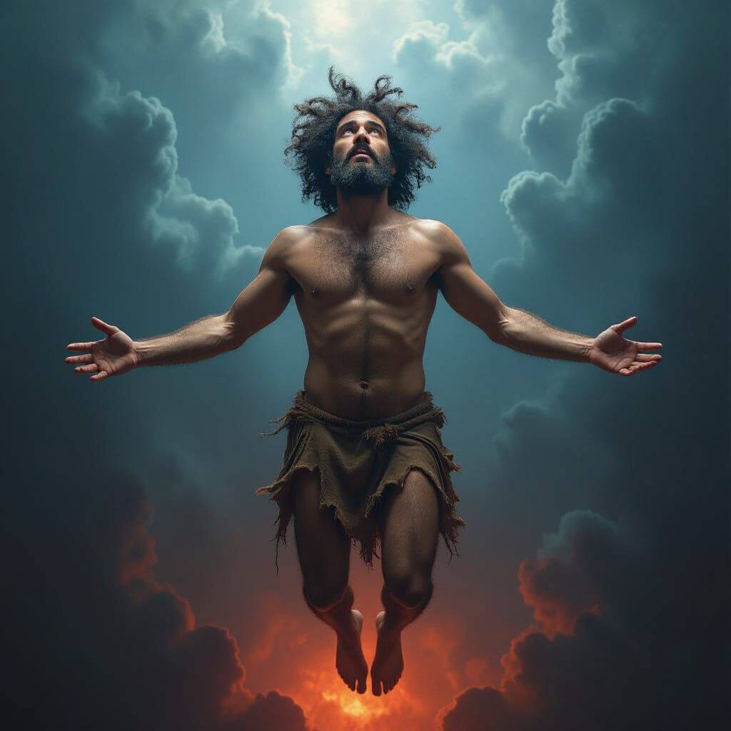 Man Ascends Void Between Heaven and Hell in Dramatic Style