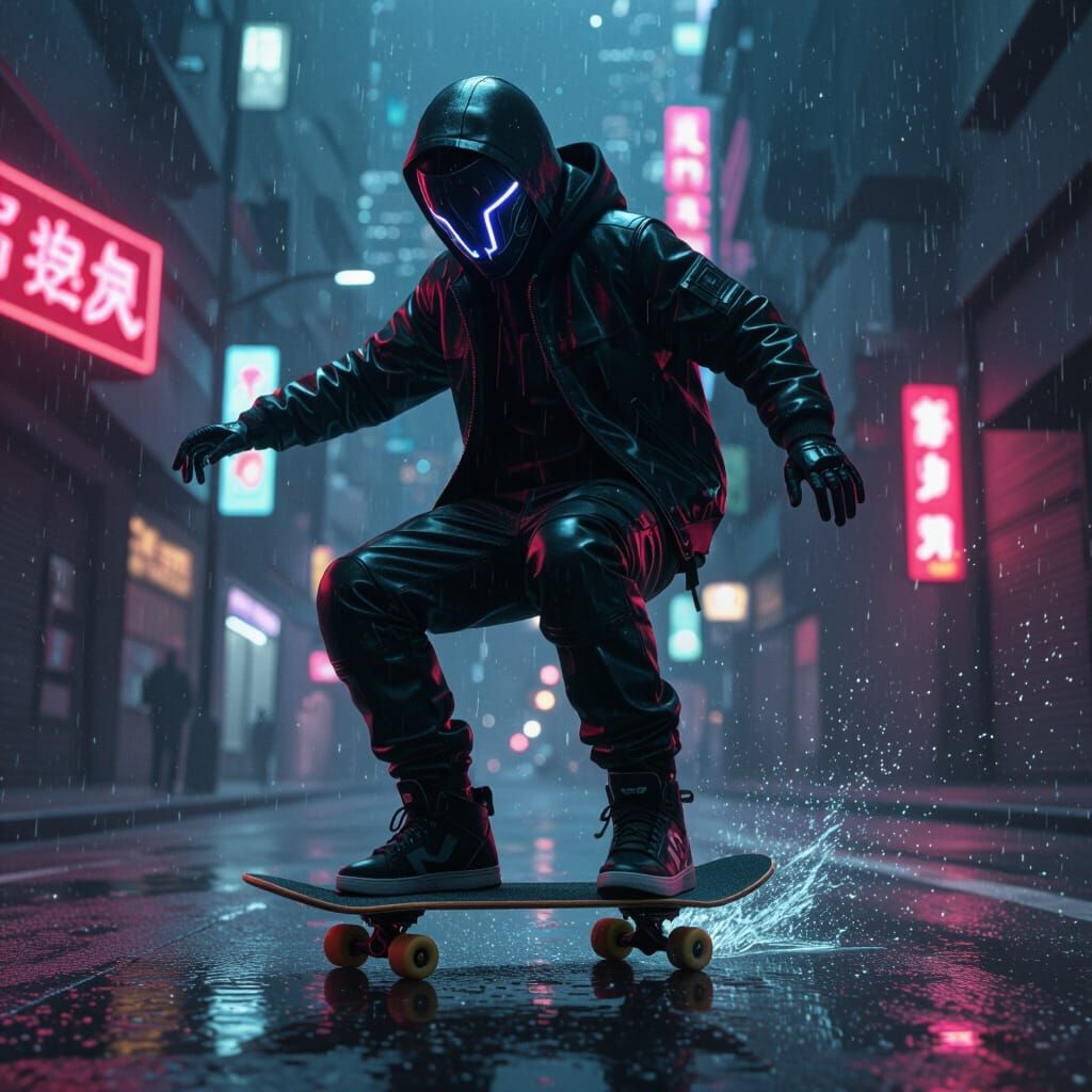 Glass Skateboarder in Futuristic Neon Noir Style