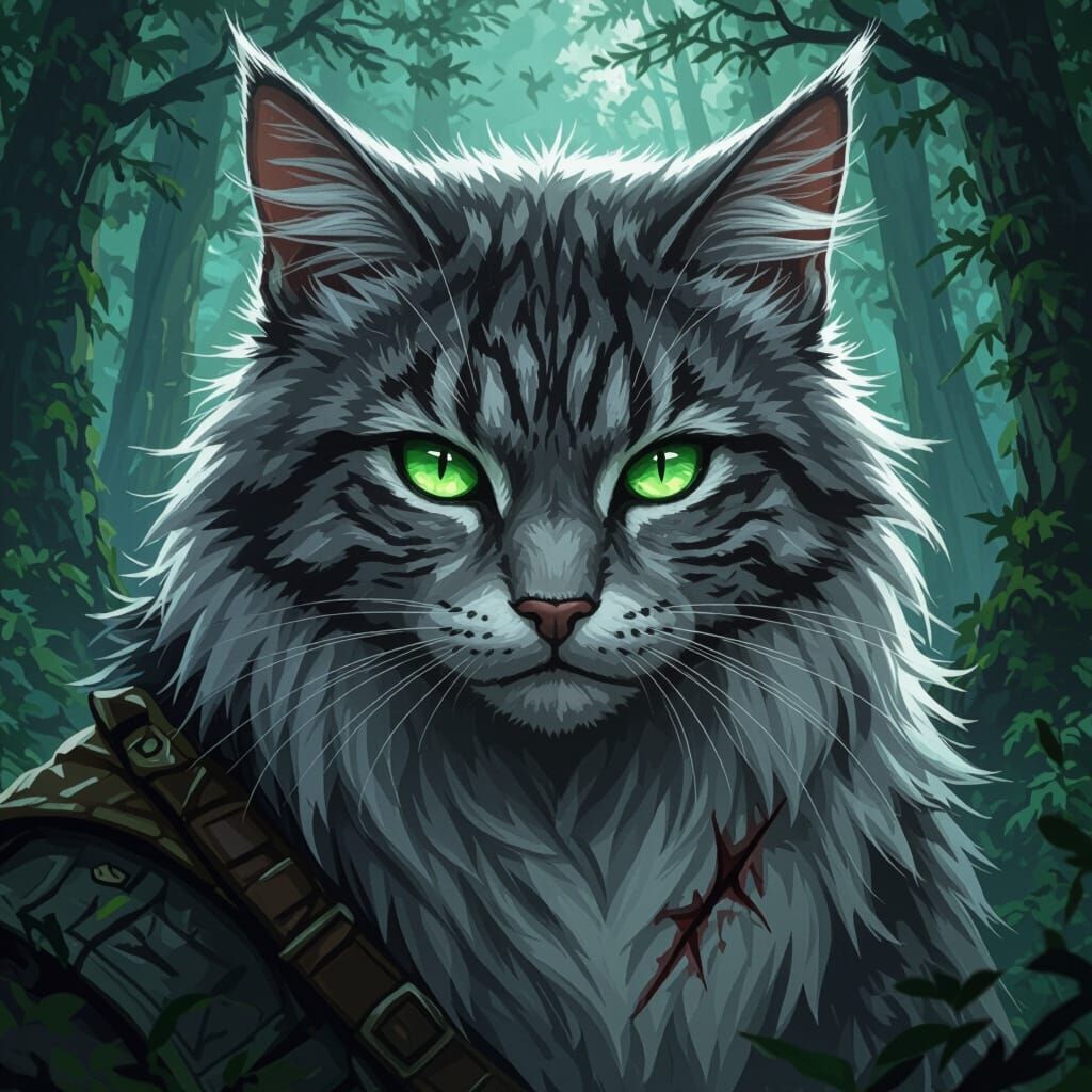 Mystical Warrior Cat with Scars in Forest