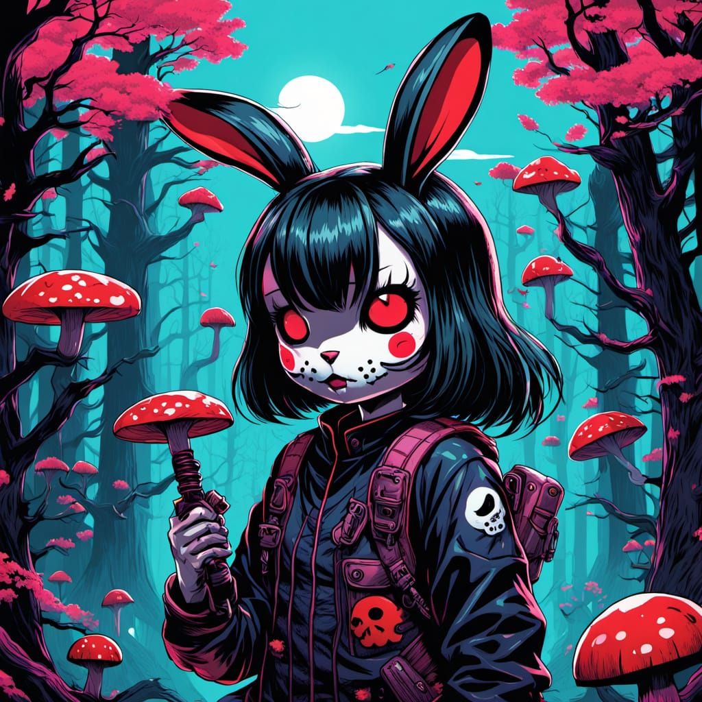 Kuromi-Inspired Kawaii Bunny Girl in Horror Mashup