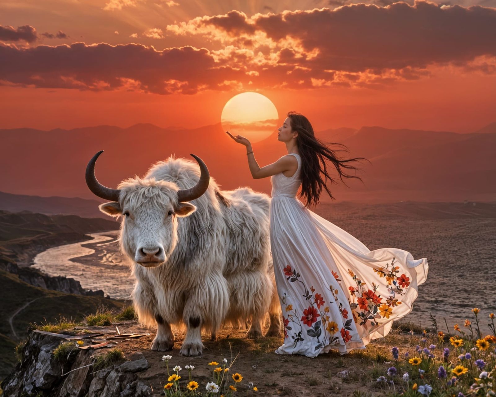 Oriental Goddess and Yak at Sunset Over River