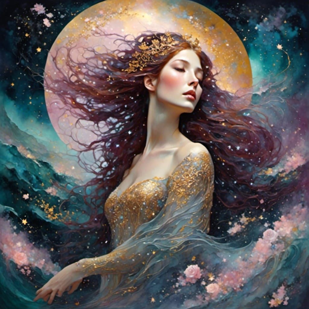 Auburn Beauty in Dark Watercolor Impasto Style