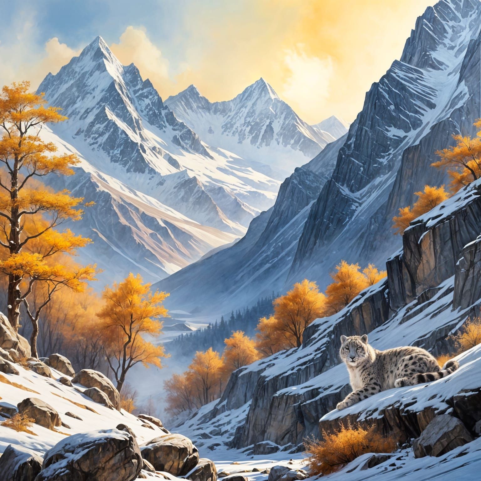 Snowy Himalayan Temple in Serene Watercolour