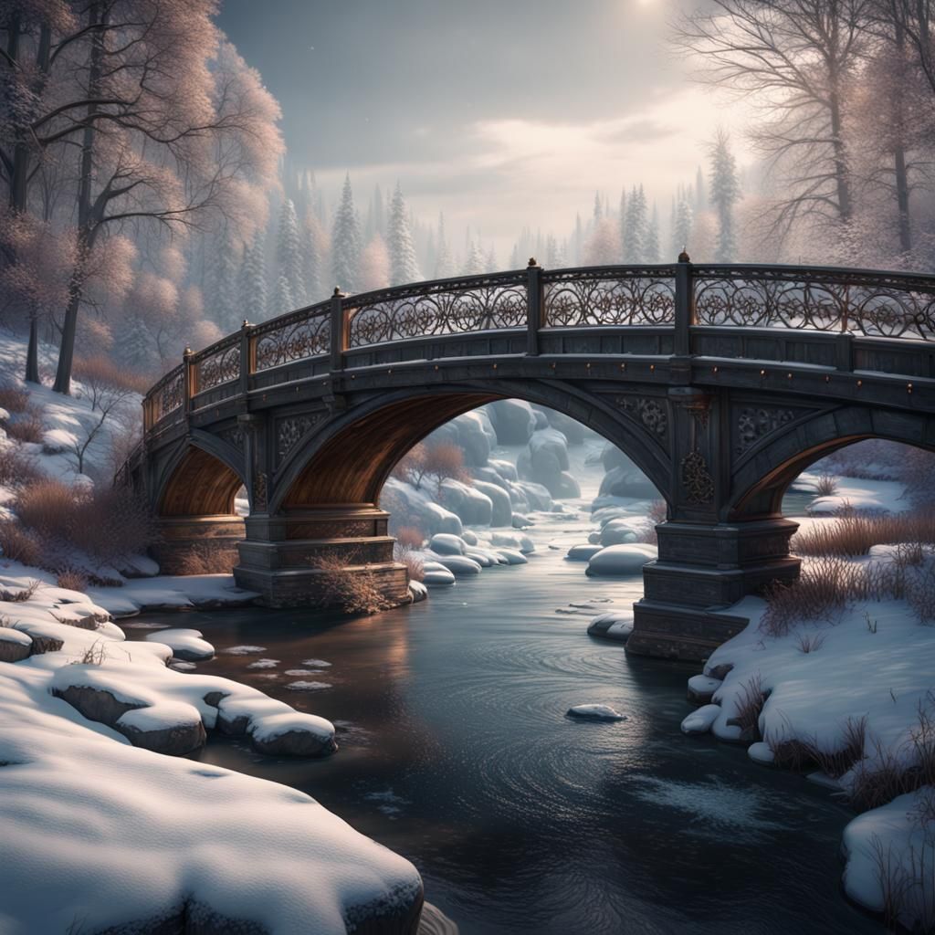 Winter Riverscape Bridge: Detailed Matte Painting
