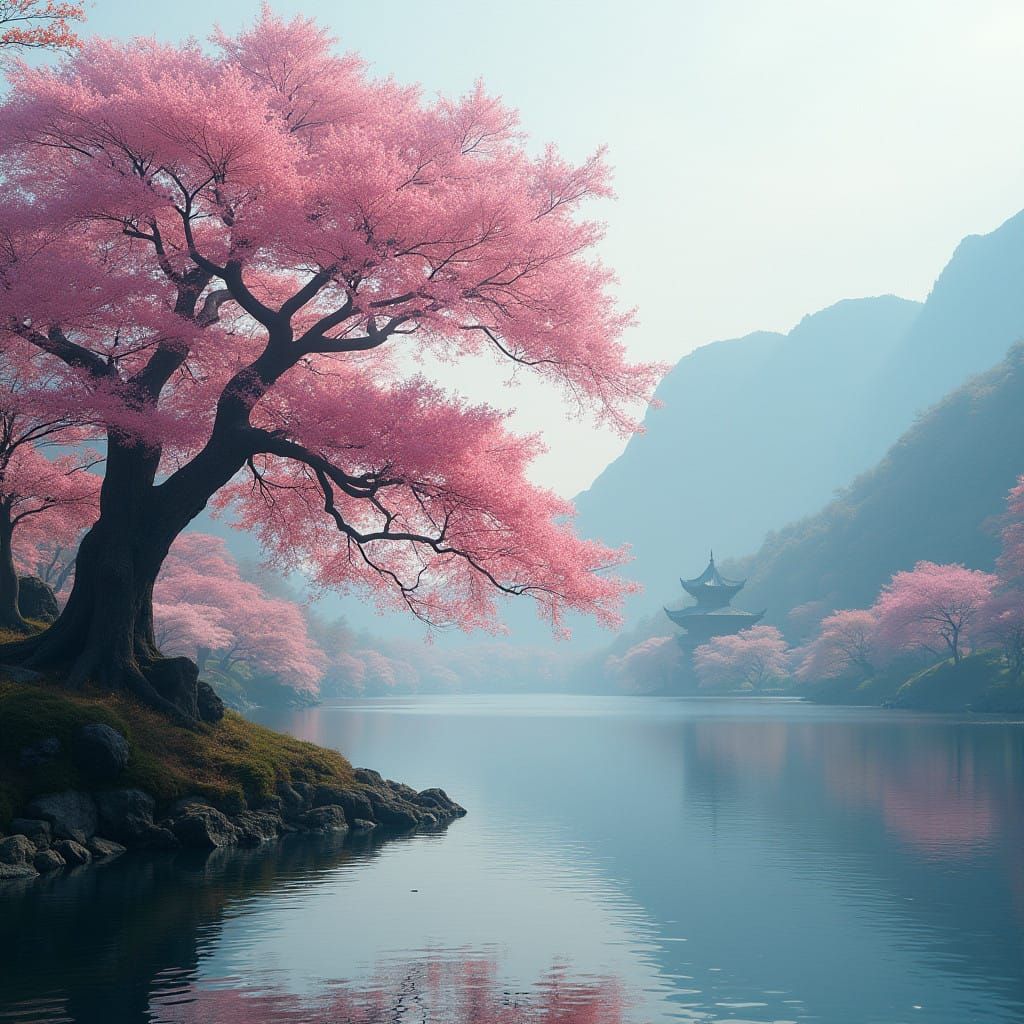 Ethereal Sakura Tree in Front of a Misty Lake, with Japanese...