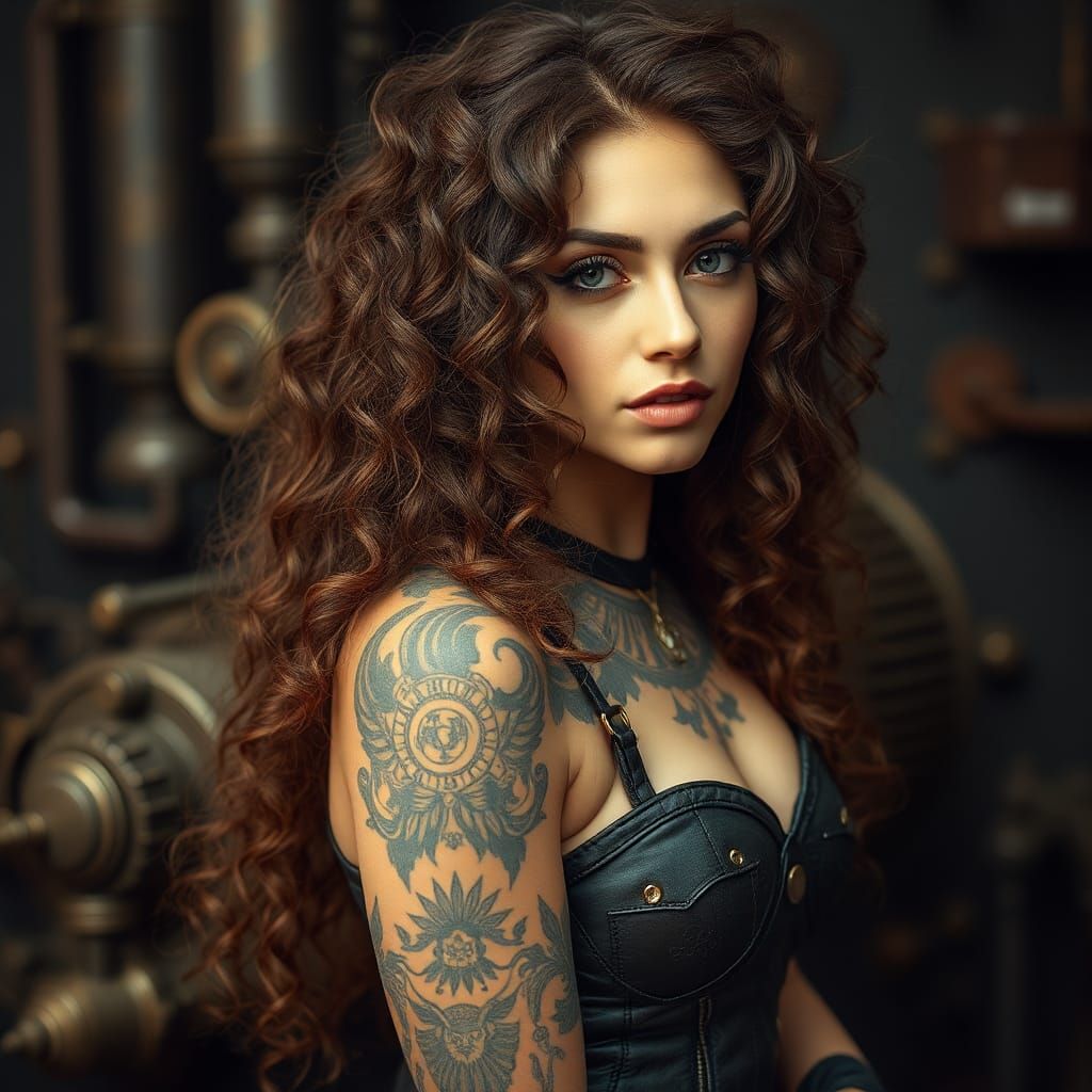 Steampunk Sci-Fi Woman with Tattoo and Curly Hair