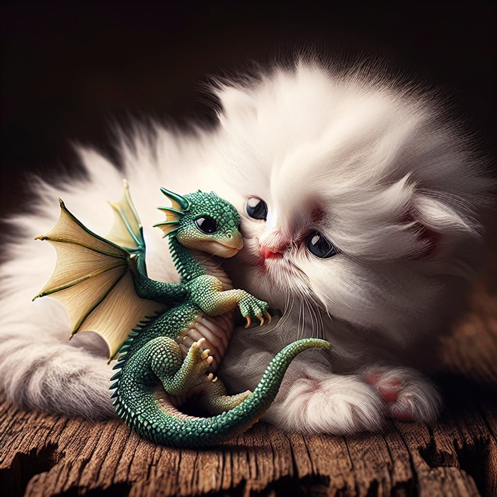 Tiny White Kitten and Baby Dragon Become Best Friends in Rea...