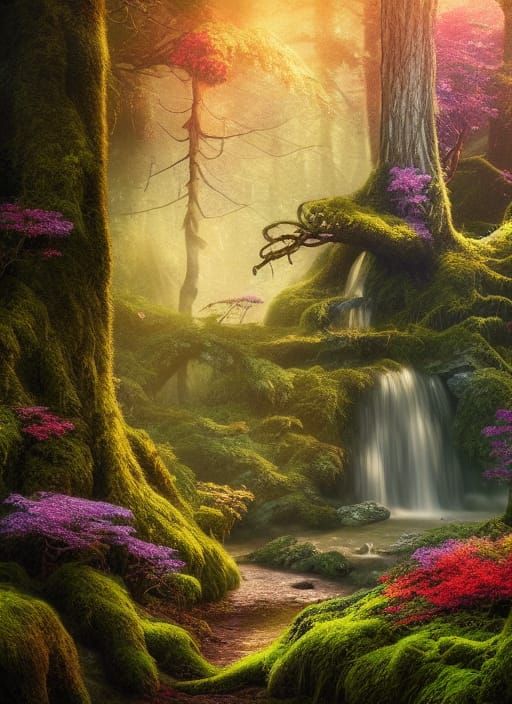 Enchanted Forest Waterfall in Detailed Matte Painting
