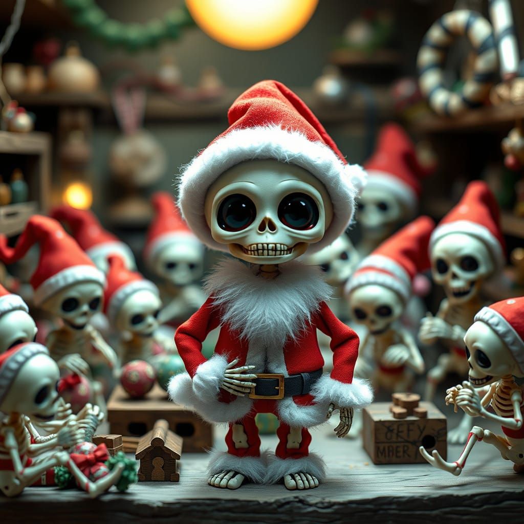 Tiny Chibi Skeleton Santa in Whimsical Workshop Scene