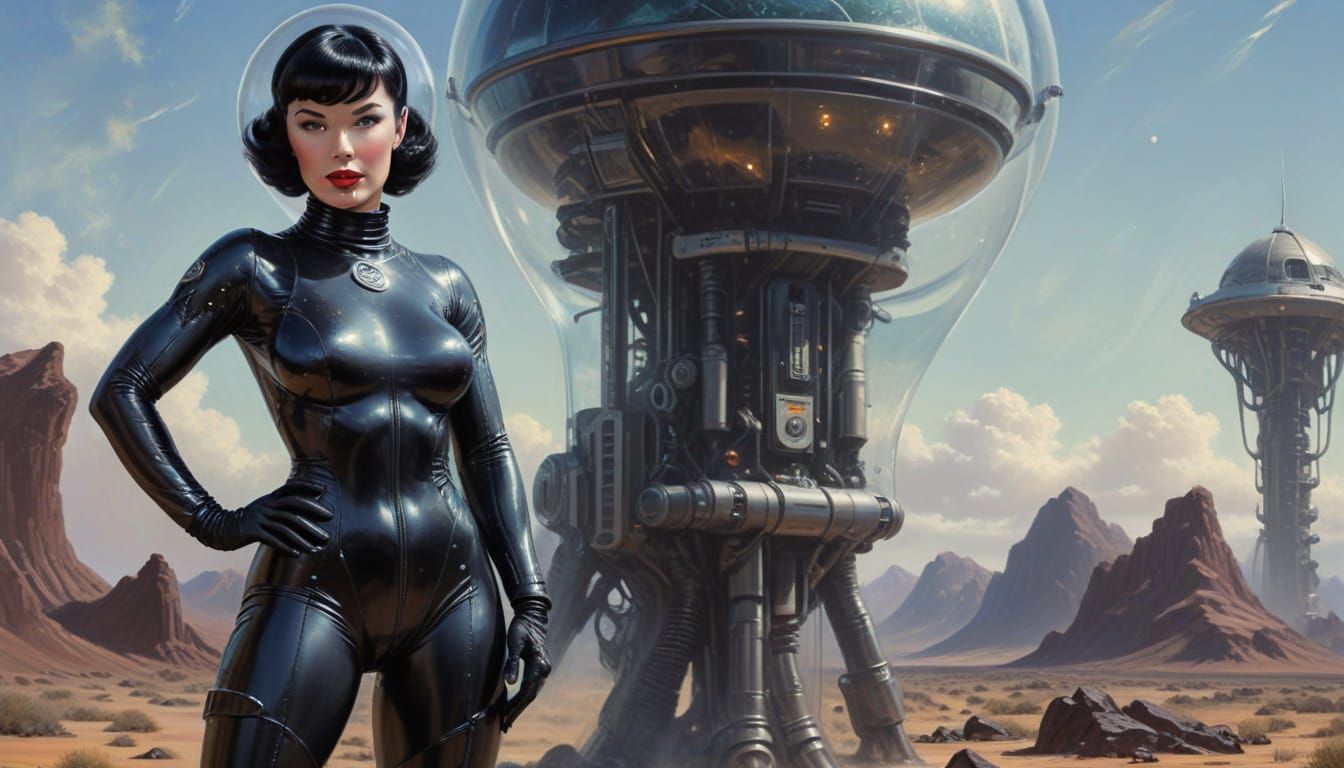 Retro Sci-Fi Pinup on Alien Planet in Oil Painting Style