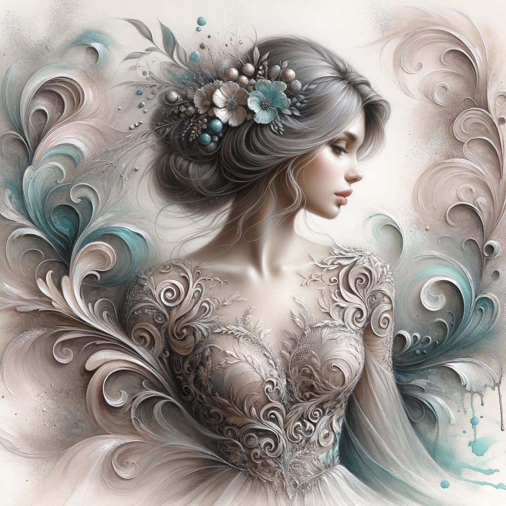 Bas Relief Portrait in Pastel Watercolors with Intricate Gow...