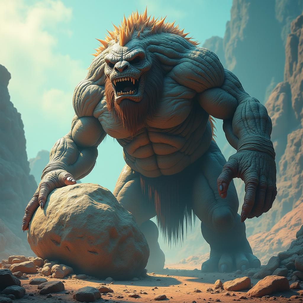 Colossal Stone Creature Devouring Boulder in Painterly Style