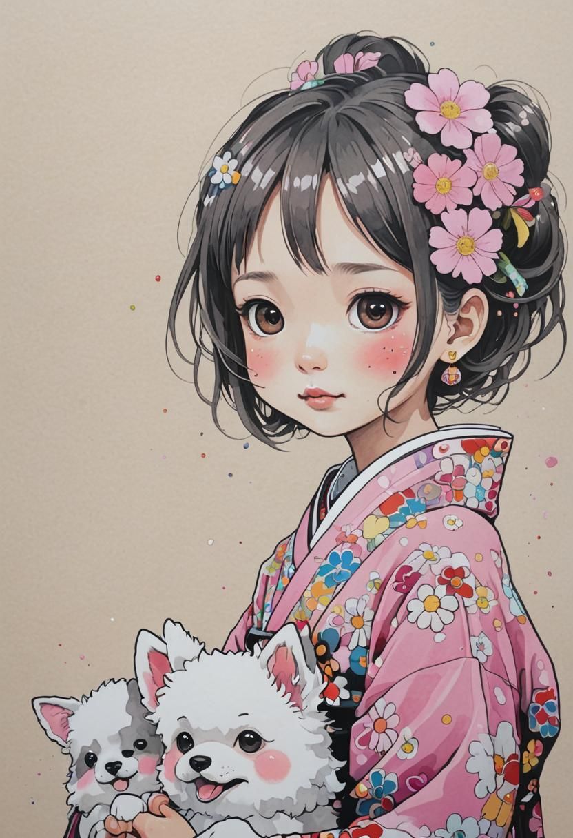 Anime Girl with Dogs in Takashi Murakami Style