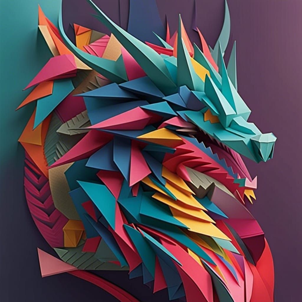 Origami Dragon in Geometric Papercraft Style