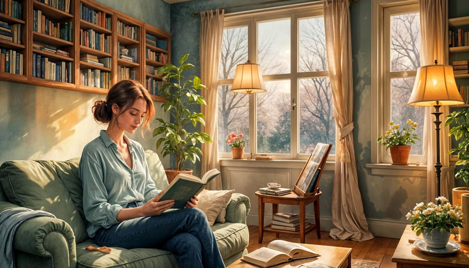 Woman Reading in Cozy Living Room, Spring Vibes