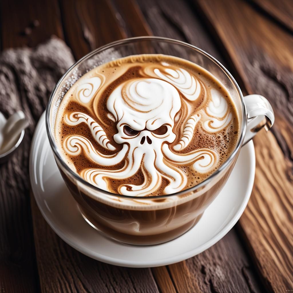 Hyper-Realistic Latte Art Close-Up on Rustic Table