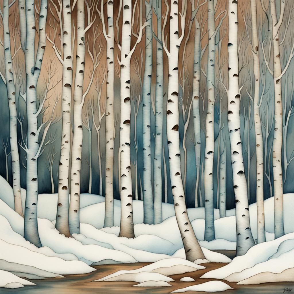 Winter Birch Trees in Watercolor Folk Art Style