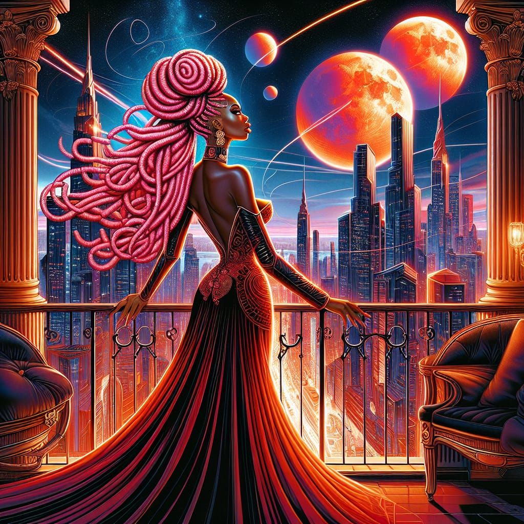 African Goddess in Haute Couture, Cityscape Art