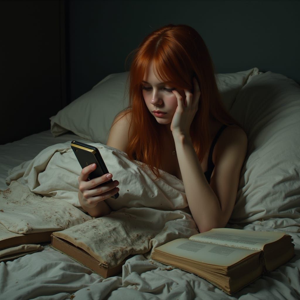 Distressed Teen Girl with Red Hair Holding Phone