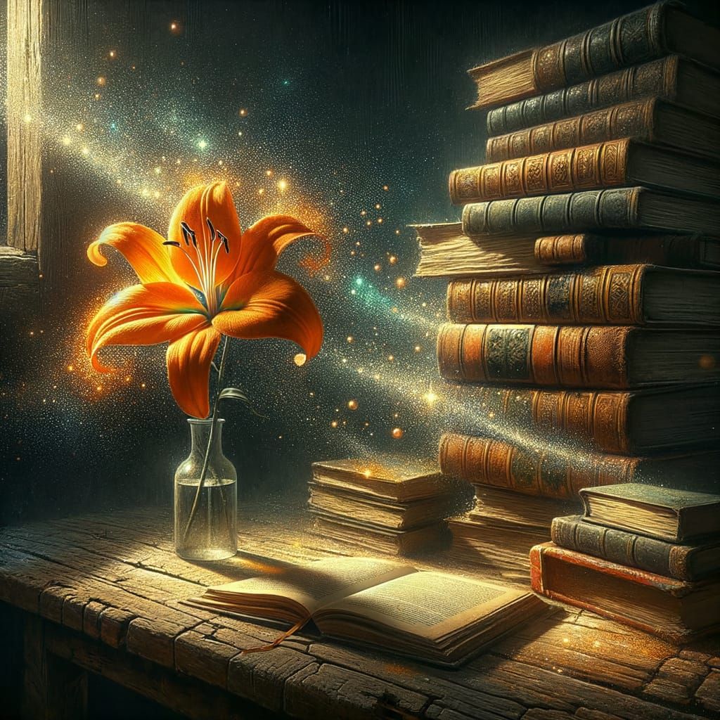 Orange Lily on Antique Table with Starlight