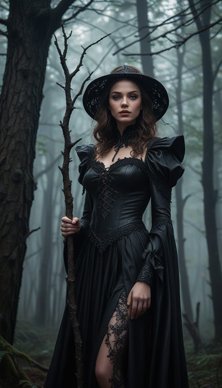 Enchantress in Dark Fantasy Landscape