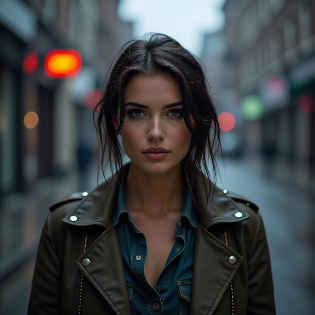 Grayscale Portrait in Rainy City Street