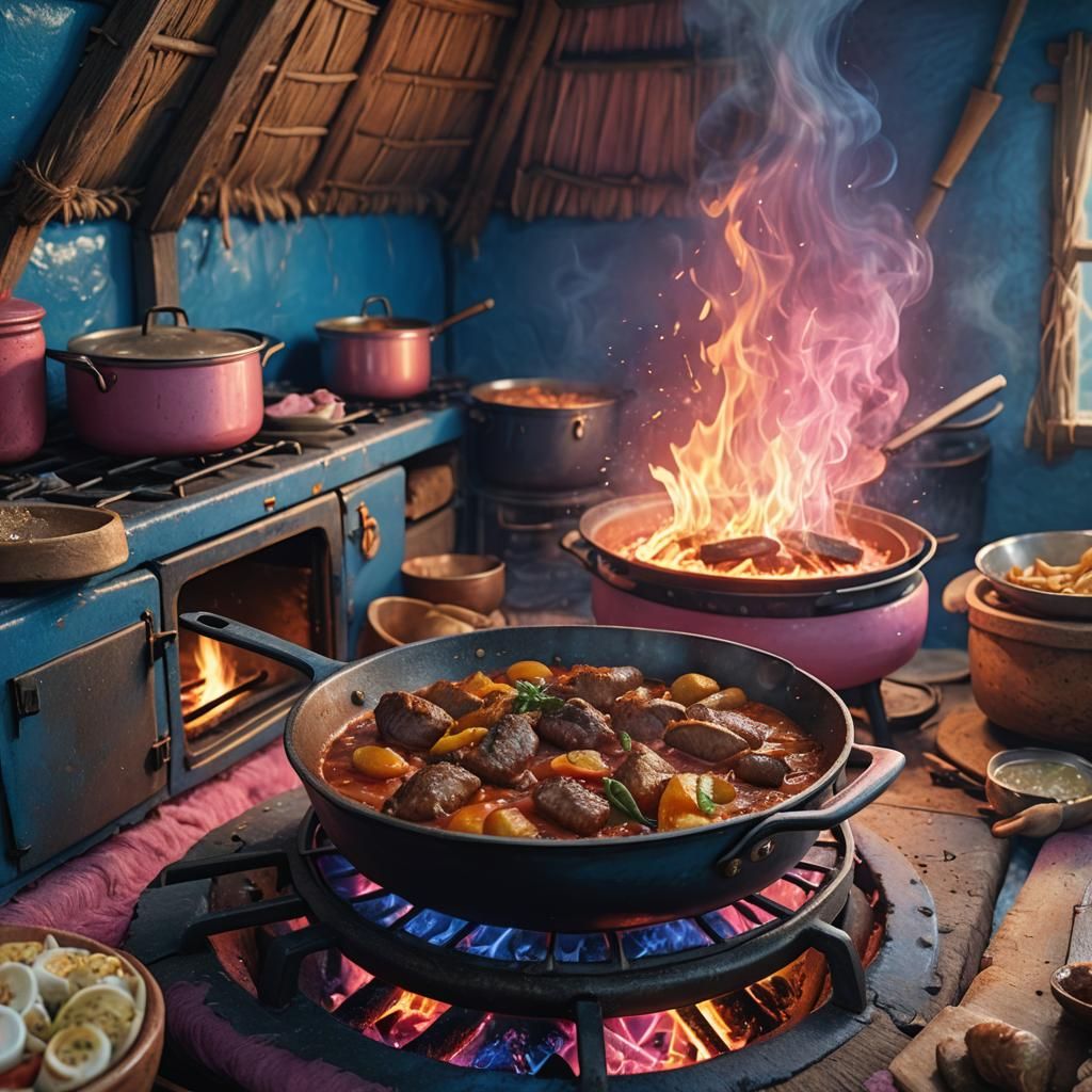 Vivid Food Scene in Thatched Hut, Concept Art