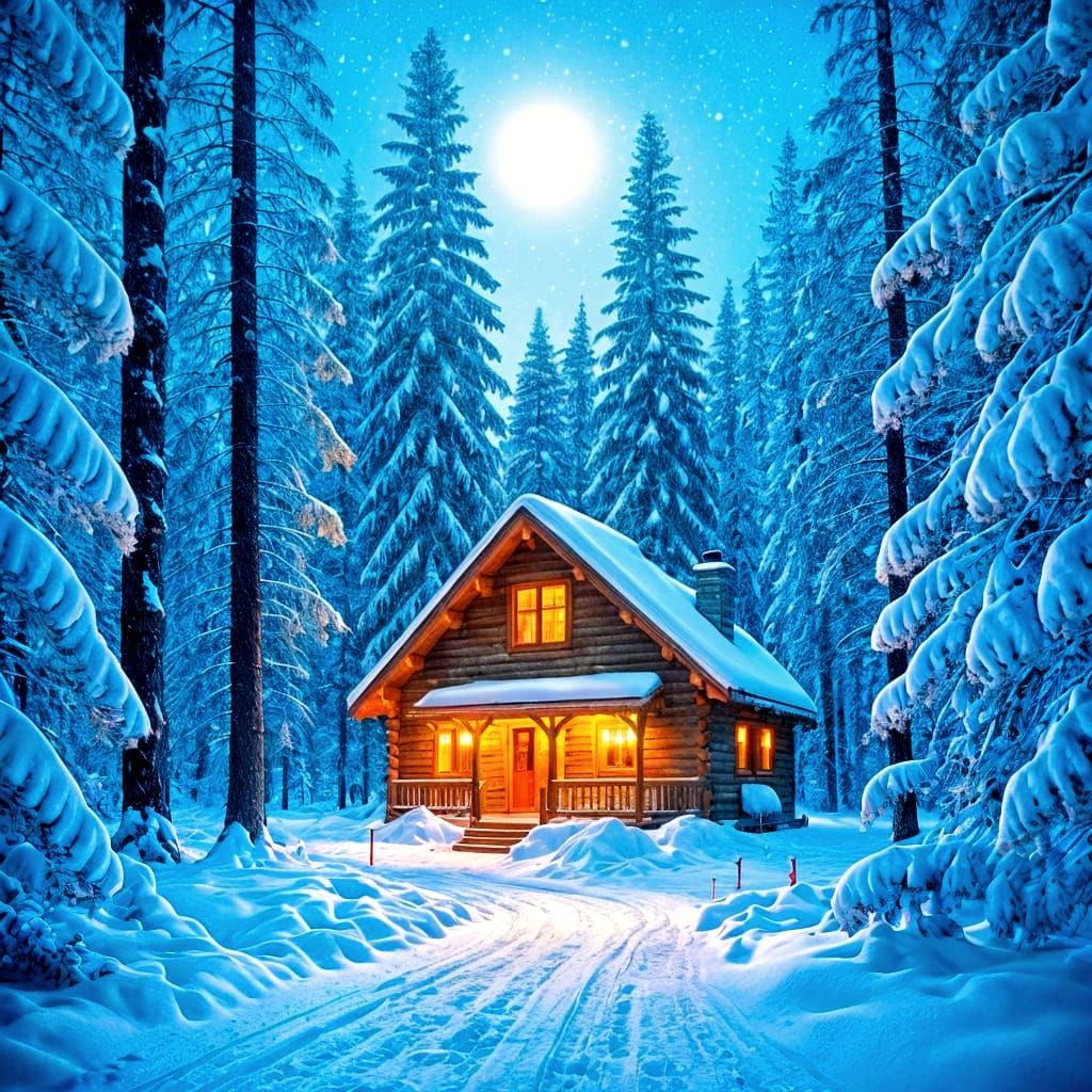 Snowy Cabin in Moonlit Forest Digital Painting