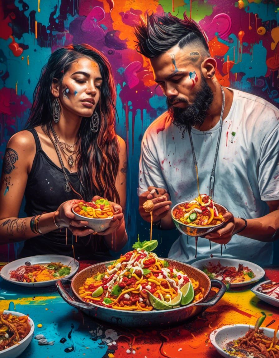 Gothic Couple Enjoying Mexican Food as Graffiti Art