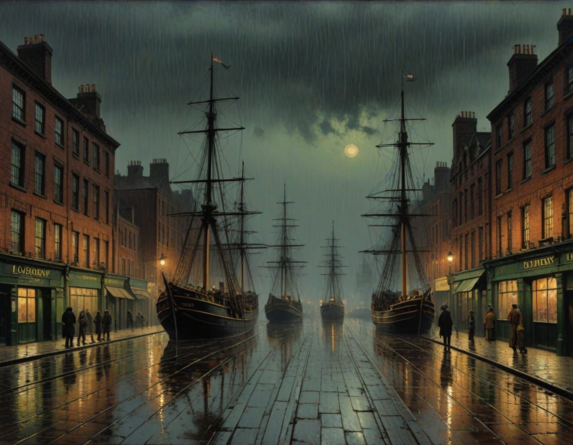 Style of Atkinson Grimshaw, Liverpool docks in the rain