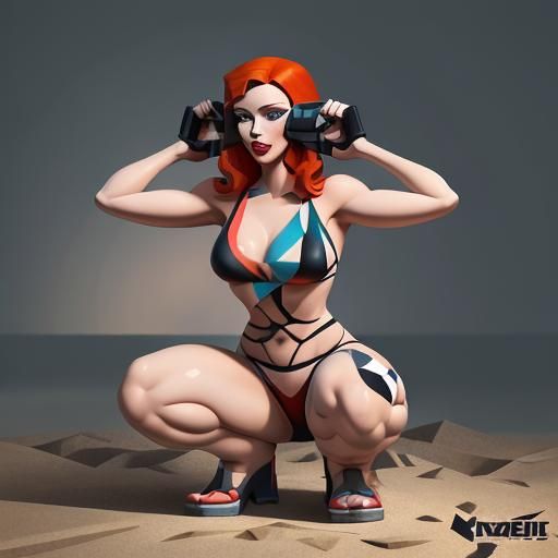 Redhead Woman in Bikini: Cubist Geometric Art Deco