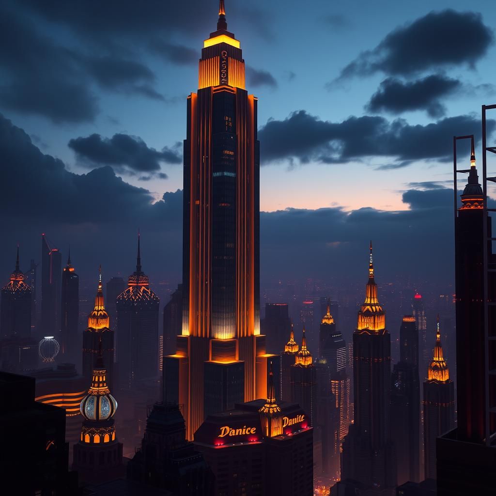 Futuristic Art Deco Skyscraper at Dusk