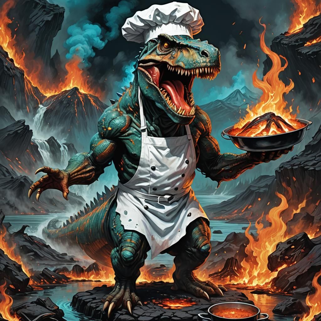 Chef T-Rex at Volcanic Crater in Retro Sci-Fi