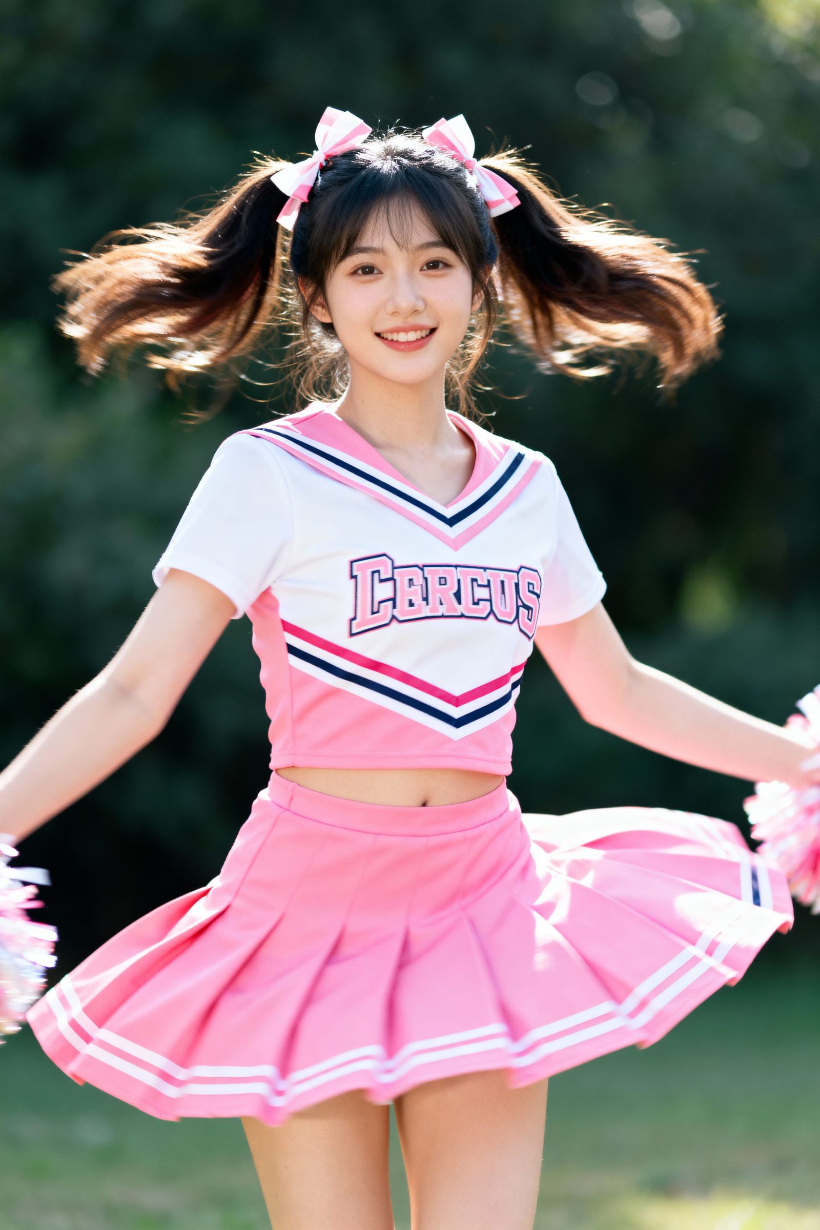 Cheerleader Twirling in Pink and White Uniform with Bows