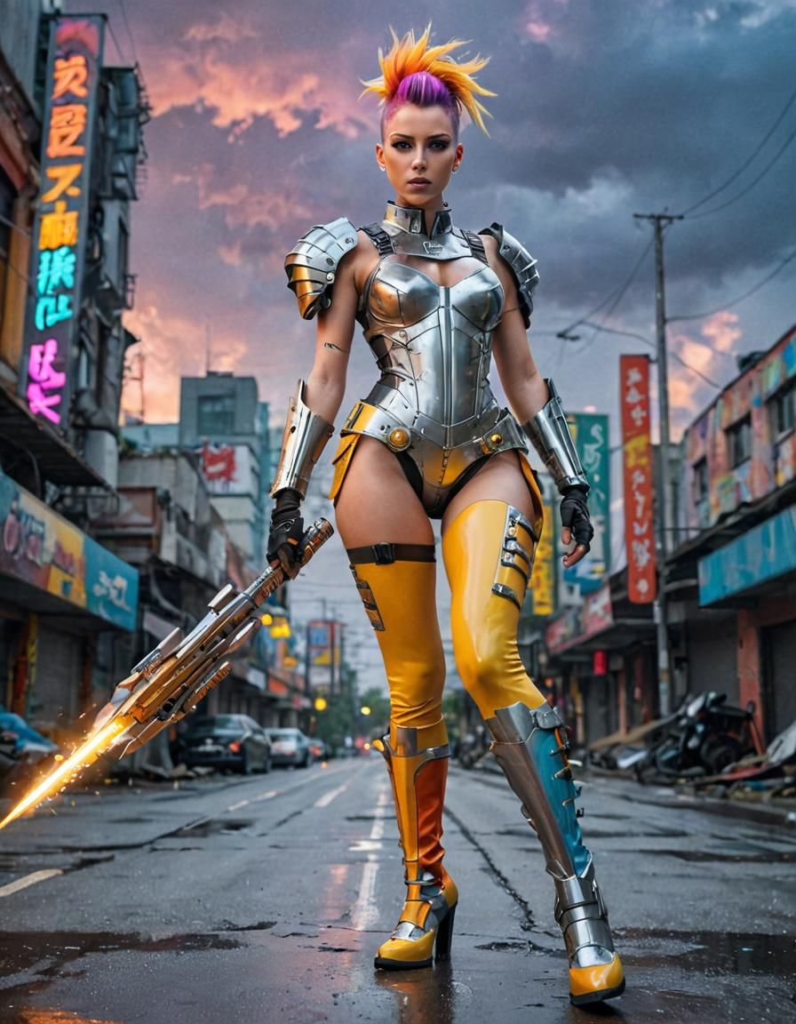 Cyberpunk Warrior in Neon Armor