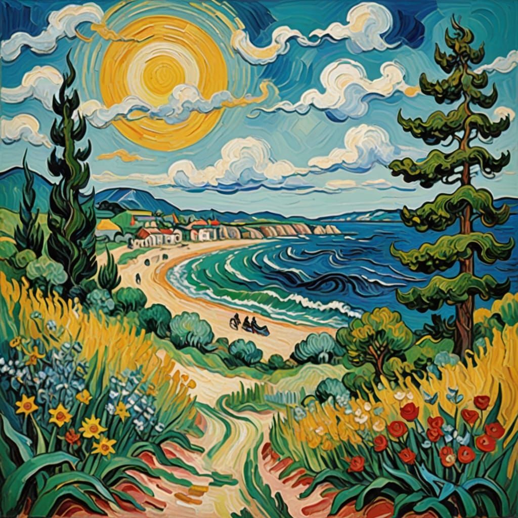 Vibrant Neo-Expressionist Beach Scene with Warm People