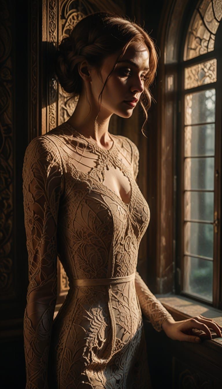 Cubist Woman in Lace Dress: Art Nouveau Mansion