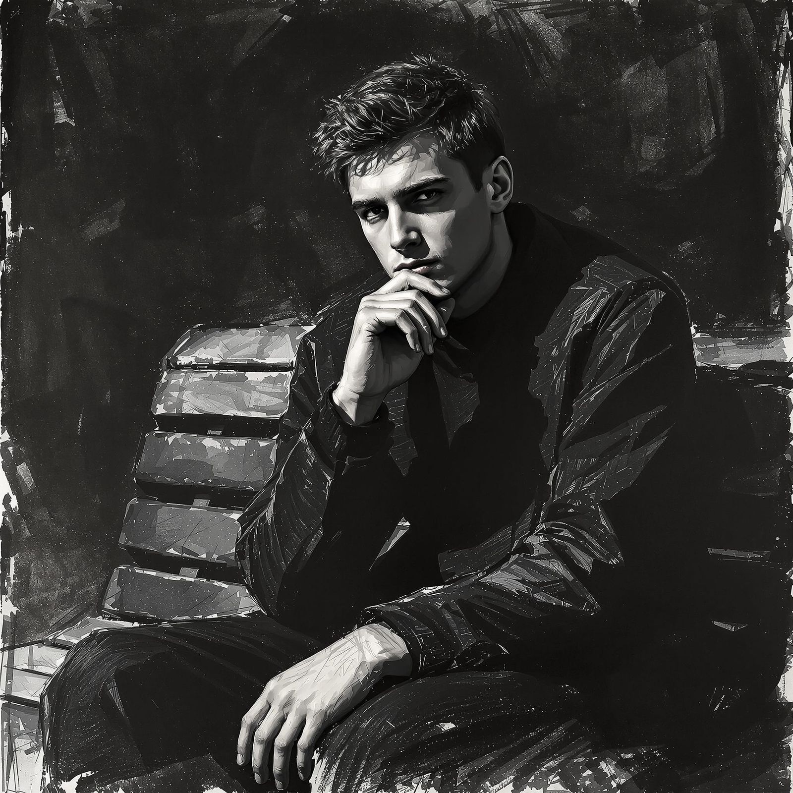 Charcoal Portrait of a Thoughtful Young Man