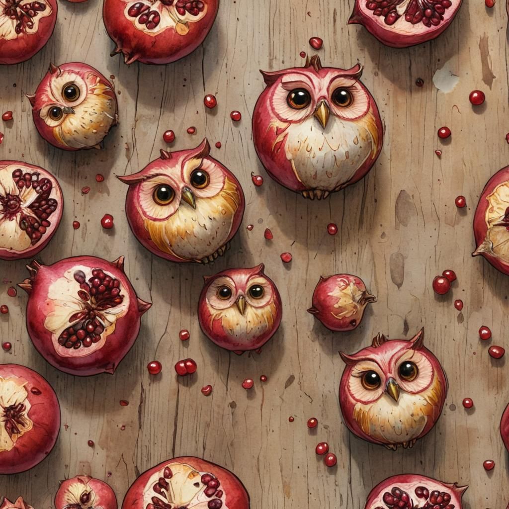 Surreal Watercolor Pomegranate Scene with Chibi Owl Faces