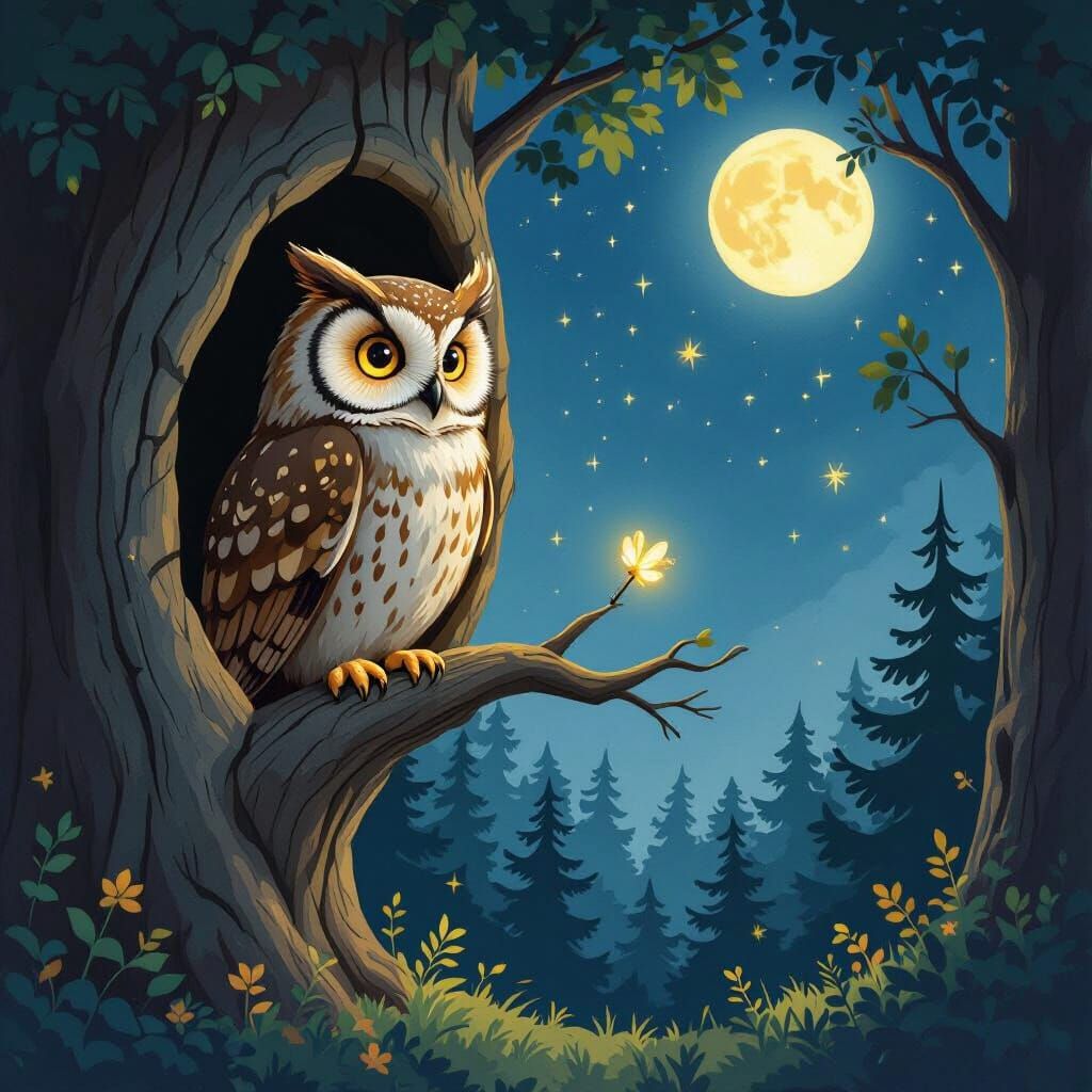 Wise Owl in Starry Forest Children's Book Illustration