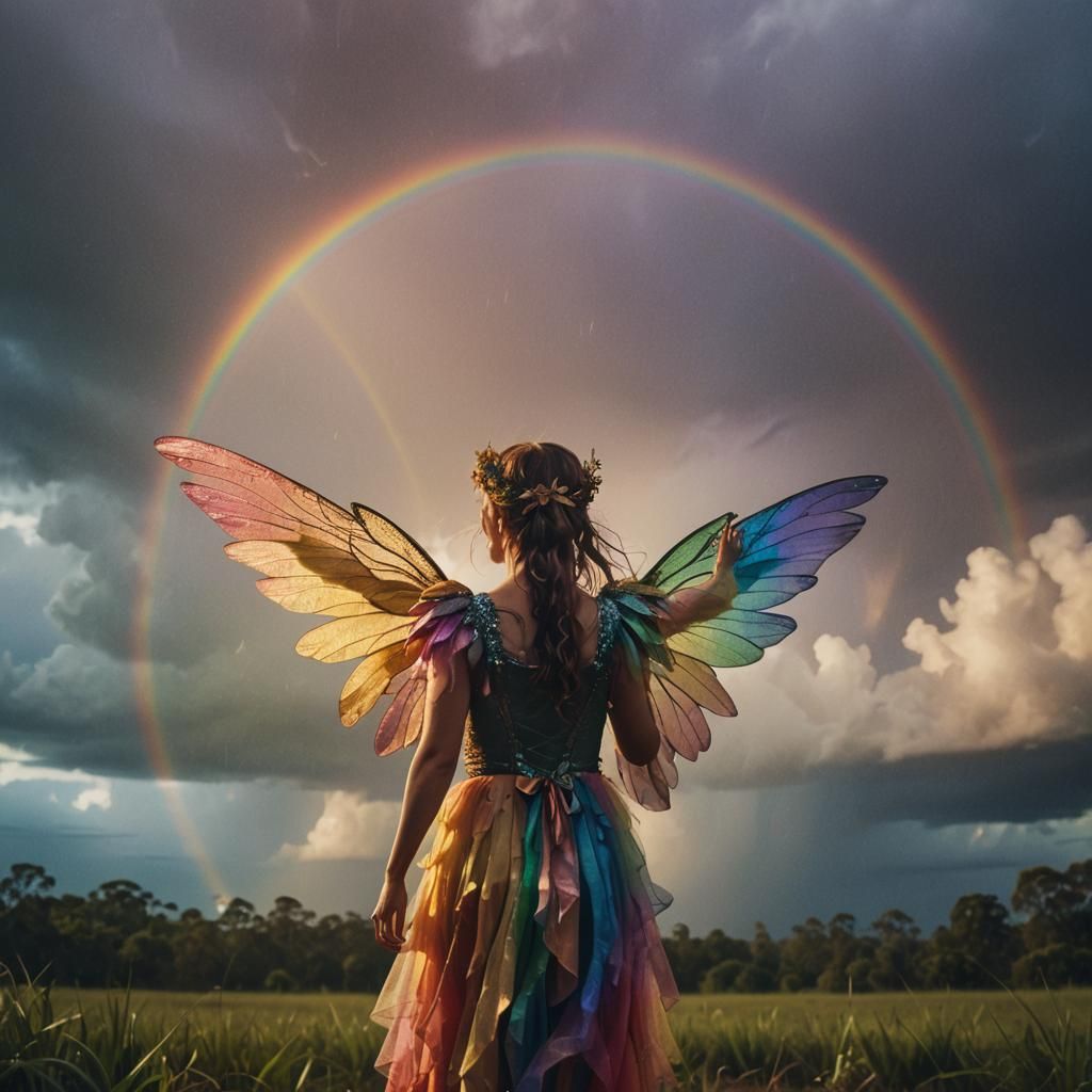 Rainbow Fairy in Stormy Sky: Cinematic Film Still