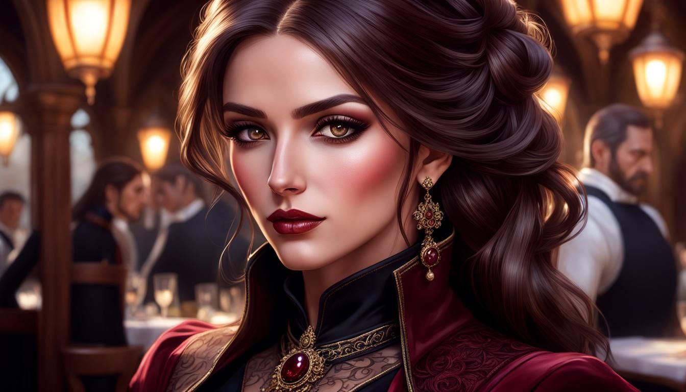 Gothic Spanish Girl in Restaurant: Hyperdetailed Portrait