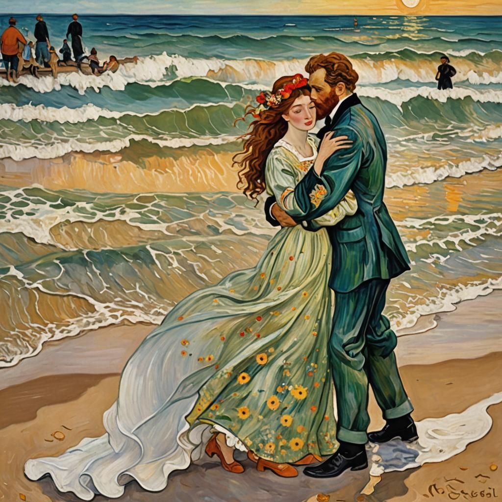 Passionate Lovers on the Beach in Art Nouveau Style