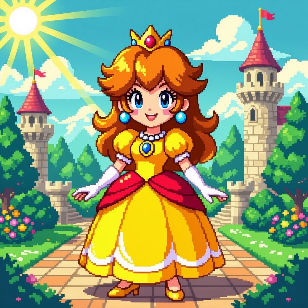 Princess Daisy in Vibrant 16-Bit Pixel Art Style