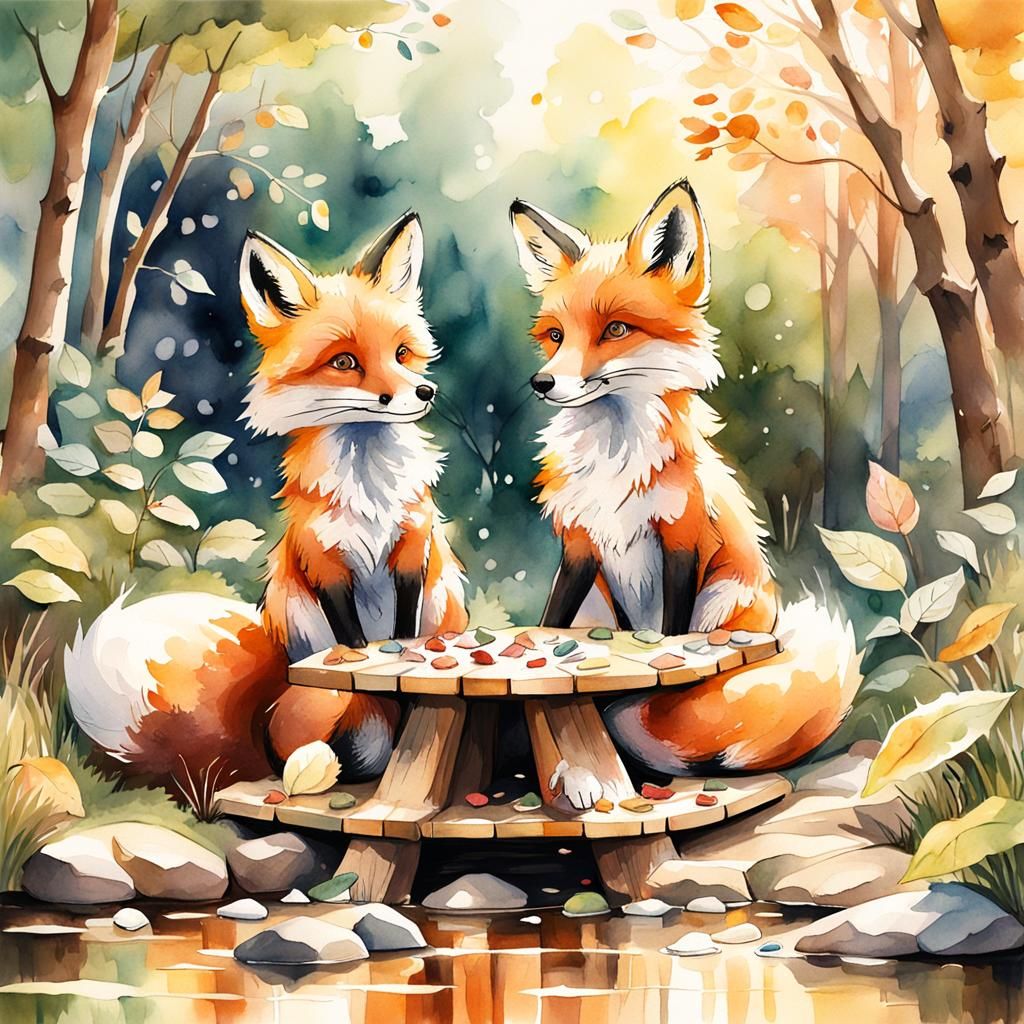 Foxes Playing Go: A Whimsical Watercolor Painting